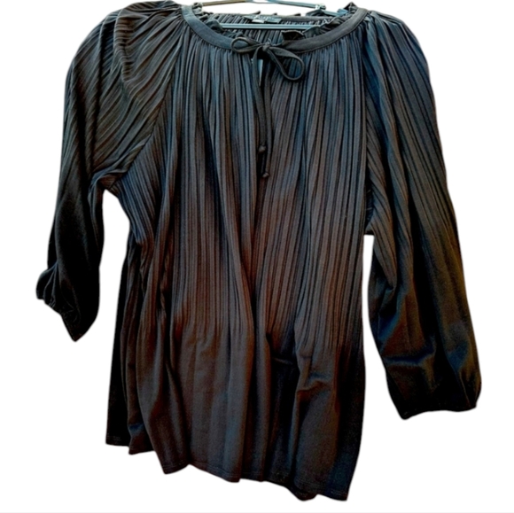 Investments Black Pleated Balloon Sleeve Blouse Top Size L Adjustable Neckline - Picture 8 of 8